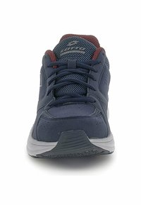 Navy athletic shoe with mesh upper, maroon accents, grey sole, padded tongue, and laces. Features a reinforced toe and textured patterns.
