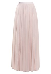 Zachtroze, vloerlange rok gemaakt van geplooid chiffon met een satijnen tailleband, met een lichte, gestructureerde uitstraling.