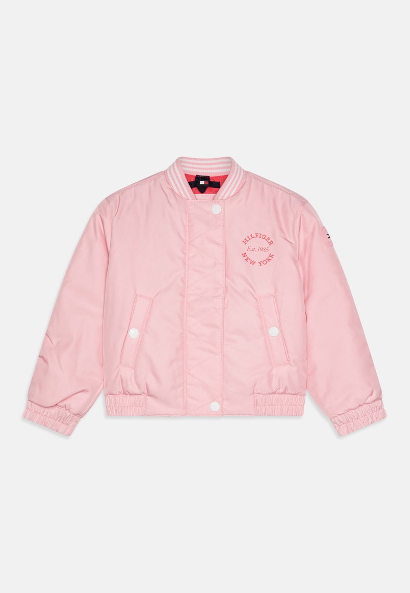 Rosa bomberjakke laget av glatt stoff, med ribbet krage, trykknapper, elastiske mansjetter og broderi av "Hilfiger New York".