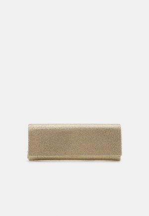 Metallisch goldene Clutch mit einer strukturierten, gewebten Außenseite und einer eleganten rechteckigen Form; verfügt über ein umklappbares Klappendesign.