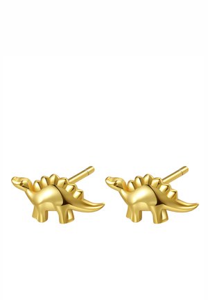 Goldene Dinosaurier-Steckerohrringe mit einem detaillierten Stegosaurus-Design, das eine strukturierte Rückseite und eine glatte Vorderfläche aufweist.