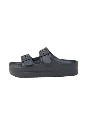 Sandalo nero tipo slide con due cinturini regolabili con fibbia e suola spessa, progettato per un uso casual.