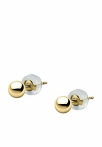 Guldtonade studörhängen med en sfärisk design. Klara baksidor och glänsande yta reflekterar ljus. Utrustade med en metallpinne för säker passform.