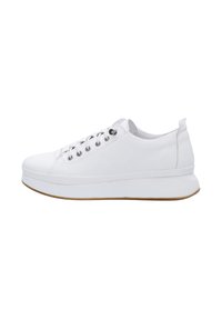 White sneakers with a sleek design, round toe, lace-up front, and rubber outsole. Features smooth leather upper and padded collar for comfort.