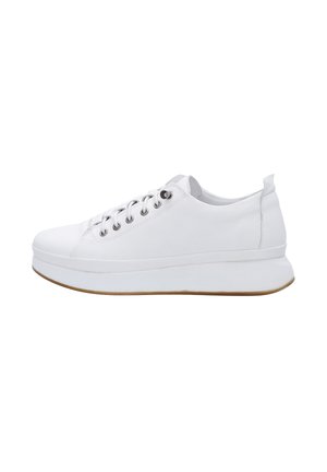 White sneakers with a sleek design, round toe, lace-up front, and rubber outsole. Features smooth leather upper and padded collar for comfort.