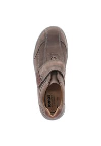 Brown leather shoe with contrasting white stitching, velcro strap, rounded toe, and textured rubber sole. Inside labeled "Jomos aircomfort."