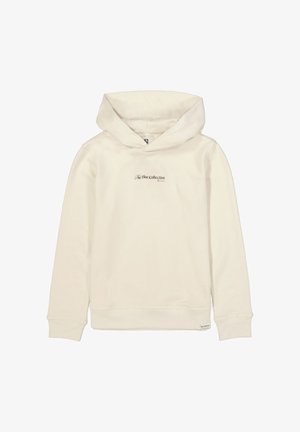 Samtig-weicher Hoodie in Cremefarben mit Kapuze und Kordelzug, kleinem schwarzem Textlogo auf der Vorderseite. Lange Ärmel und gerippte Bündchen.