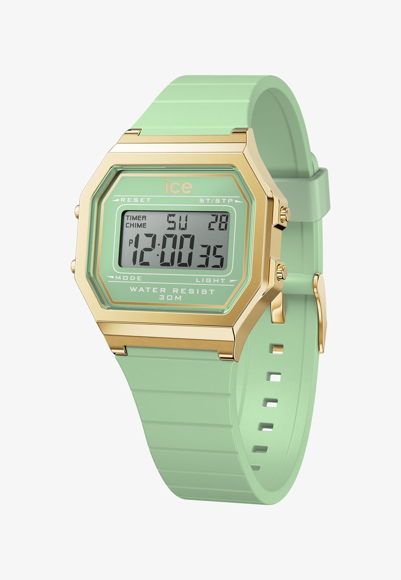 Cyfrowy zegarek z miętowo-zielonym silikonowym paskiem, ośmiokątną złotą ramką, wyświetlaczem LCD oraz wodoodpornością do 30 metrów.