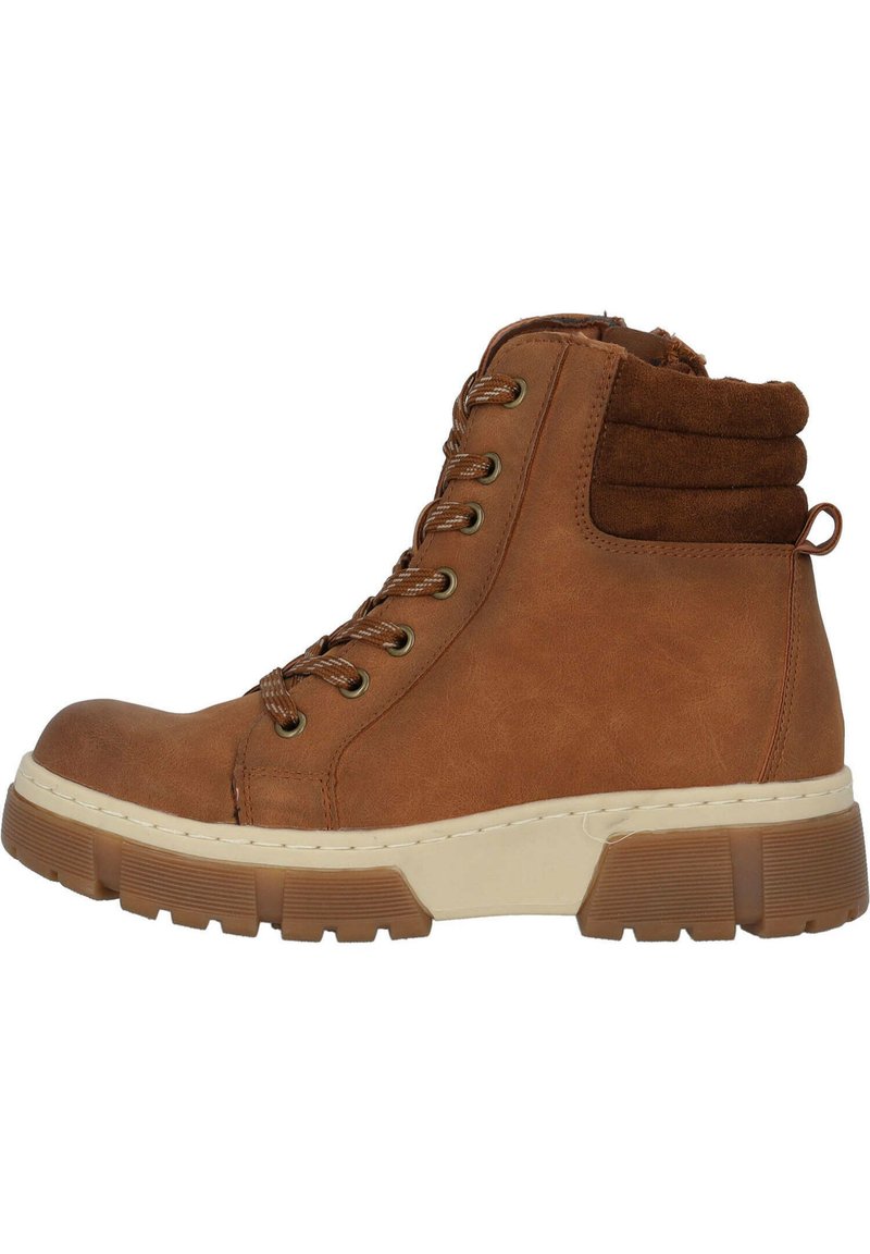 Botas de tobillo de cuero marrón con una parte superior texturizada, cuello acolchado y suela de goma. Cuenta con ojales de metal y cordones para el ajuste.