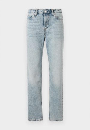 Lyseblå lige ben jeans lavet af denim med en falmet vask, der har en standard talje, bæltestropper og lukning med topknap.