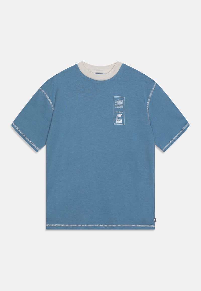 Blue cotton t-shirt with a cream collar, short sleeves, and white stitching. Features a printed label on the left side.