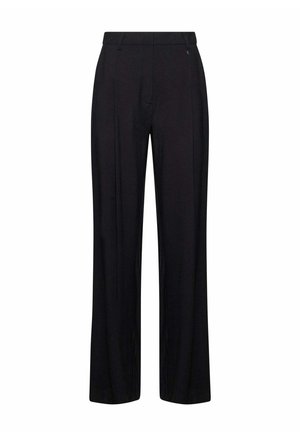 Pantaloni neri su misura a gamba dritta con passanti per cintura e pieghe frontali, adatti per abbigliamento formale o da lavoro.