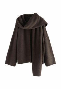 Dunkelbrauner, übergroßer Pullover mit fallendem Kragen, langen Ärmeln und gerippten Bündchen. Fleece-ähnliche Textur, minimalistisches Design.