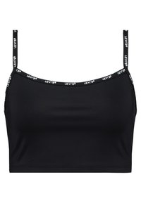 Svart kort topp med tunna axelband som har den upprepade vita "Levi's"-logotypen längs halslinningen och axelbanden.