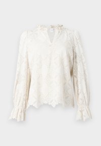 Crèmekleurige blouse met lange mouwen, voorzien van kanten bloemenpatronen, gerimpelde hoge halslijn, ingezette manchetten en gegolfde zoom.