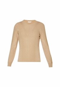 Pull en tricot beige avec manches longues, encolure ronde, motifs diagonaux texturés et finition chatoyante.