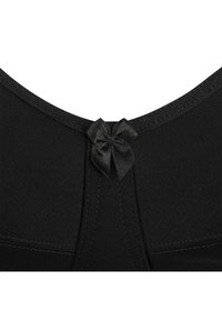 Czarny materiałowy top z zaokrąglonym dekoltem, z małą satynową kokardką z tyłu i widocznymi detalami szwów.