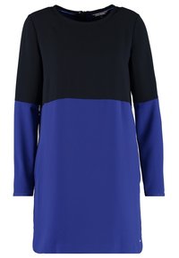 Robe à manches longues avec une partie supérieure noire et une partie inférieure et des manches bleu roi, avec un col rond et une fermeture éclair au dos.
