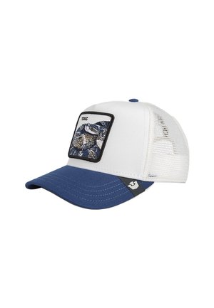 Casquette de trucker blanche et bleue avec un dos en maille et un patch avant représentant un serpent enroulé, étiqueté "TOXIQUE" avec une bordure noire.