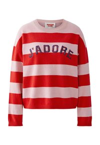 Rot-rosa gestreifter Pullover mit rundem Ausschnitt und langen Ärmeln. Verziert mit "J'ADORE" in gestickten marineblauen Buchstaben auf der Vorderseite.