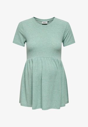 Heleda roheline lühikeste varrukatega rasedustopp, millel on kogutud talje ja laienev äär. Valmistatud pehmest ribakanga materjalist, millel on sile pind.