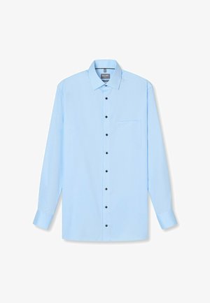 Hellblaues langärmeliges Hemd mit Knopfleiste am Kragen, schwarzen Knöpfen, Brusttasche und dezentem Strukturmuster.