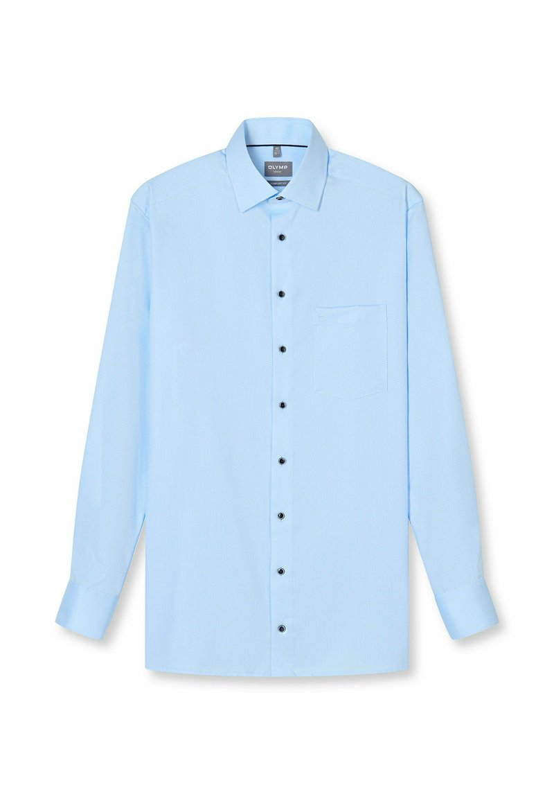 Hellblaues langärmeliges Hemd mit Knopfleiste am Kragen, schwarzen Knöpfen, Brusttasche und dezentem Strukturmuster.