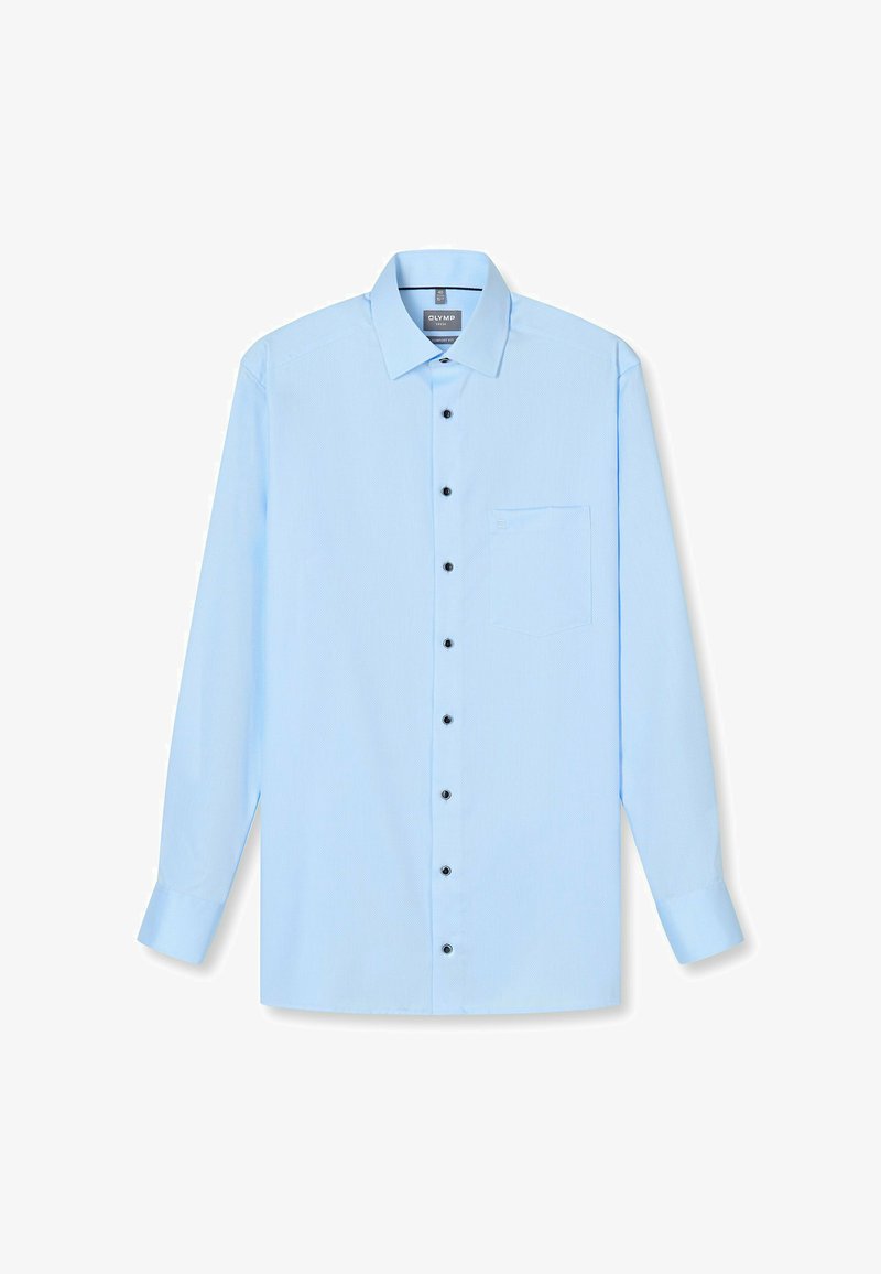 Hellblaues langärmeliges Hemd mit Knopfleiste am Kragen, schwarzen Knöpfen, Brusttasche und dezentem Strukturmuster.