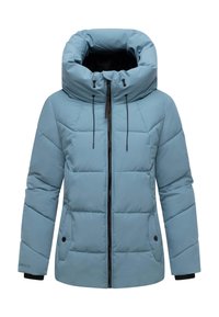 Ljusblå vadderad jacka med hög krage, framdragkedja och elastiska muddar. Har kviltad design och en dragkedja för att ge extra värme.