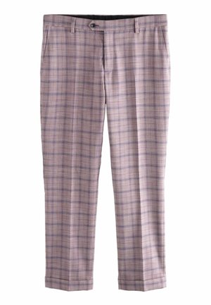 Hellviolette Karohose mit blauem und weißem Gittermuster. Gerades Bein Design mit vorderen Taschen und Knopfverschluss.