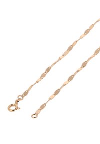 Náhrdelník zlaté barvy s řetízkem z lemovaných oválných a texturovaných článků. Má bezpečné zapínání na karabinu.