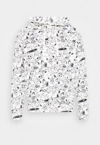 Felpa con cappuccio bianca con un motivo a scarabocchi neri su tutta la superficie, con oggetti sportivi e personaggi. Include una tasca frontale e coulisse.