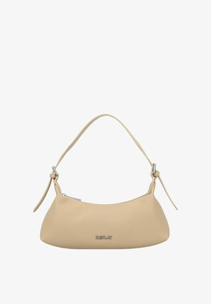 Sac à main en cuir beige avec une forme arrondie. Dispose d'une fine bandoulière et d'un nœud décoratif. Petit logo en argent visible à l'avant.