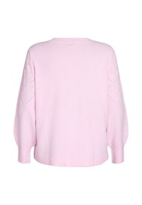 Roze sweater met een relaxed fit, ronde halslijn en ruitgebreide details op de mouwen, voorzien van geribbelde manchetten en onderkant.