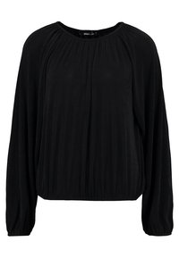 Czarny longsleeve z okrągłym dekoltem i plisowaną teksturą. Miły w dotyku materiał, nieco luźny krój oraz elastyczne wykończenia u dołu i przy mankietach.