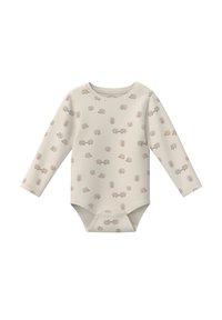 Długi rękaw bodysuit dla niemowląt w jasnym beżu, z powtarzającym się wzorem jeża, okrągłym dekoltem i zatrzaskami na dole dla ułatwienia ubierania.