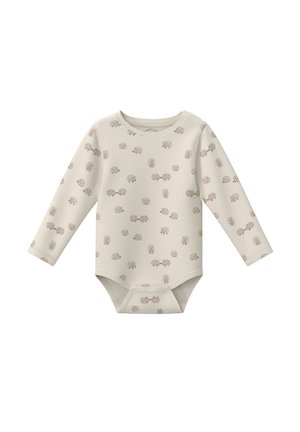 Langärmliger Babybody in hellbeige, mit einem wiederholten Igelmuster, Rundhalsausschnitt und Druckknöpfen am Po für ein einfaches Ankleiden.