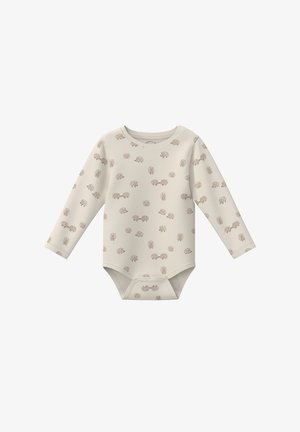 Langemouwen babyromper in lichtbeige, met een herhaald egeltje patroon, ronde hals en drukknopen aan de onderkant voor gemakkelijk aankleden.