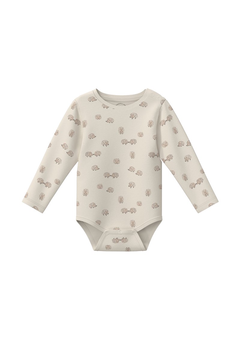 Długi rękaw bodysuit dla niemowląt w jasnym beżu, z powtarzającym się wzorem jeża, okrągłym dekoltem i zatrzaskami na dole dla ułatwienia ubierania.