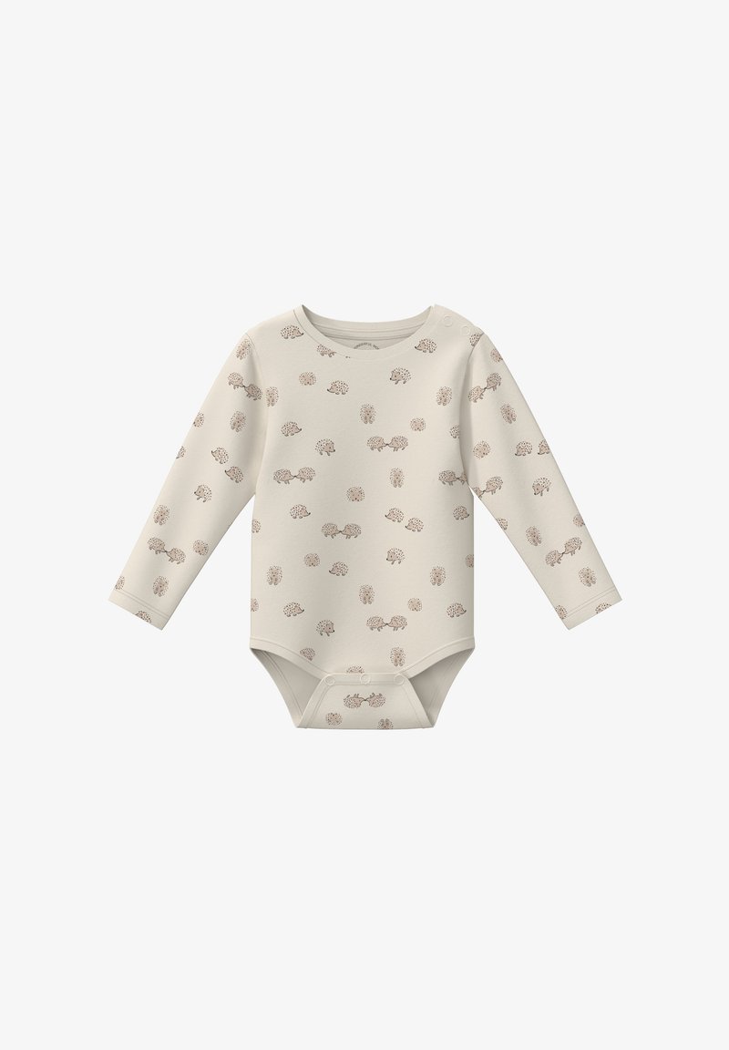 Długi rękaw bodysuit dla niemowląt w jasnym beżu, z powtarzającym się wzorem jeża, okrągłym dekoltem i zatrzaskami na dole dla ułatwienia ubierania.