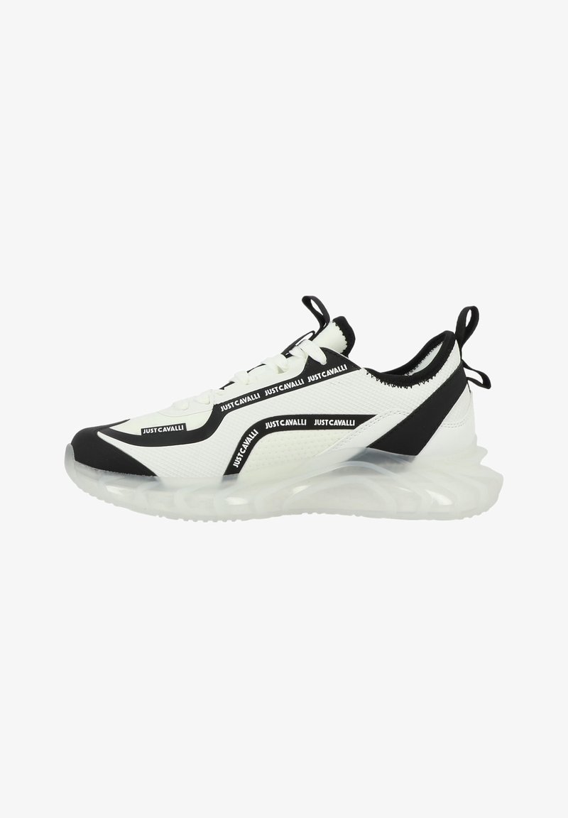 Baskets athlétiques blanches et noires avec semelle transparente et marquage « Just Cavalli » le long du côté et des lacets, avec des languettes au talon et à la languette.