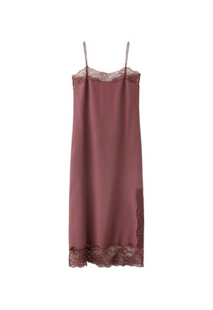 Vestido de satén malva de tirantes finos tipo espagueti con encaje en el escote, dobladillo y apertura lateral.