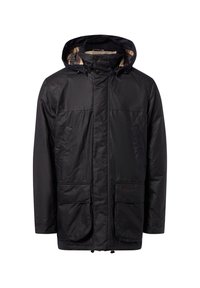 Czarna wodoodporna kurtka z kapturem, z dwiema przednimi kieszeniami i w kratkę wewnętrzną podszewką. Gładka tekstura, średniej długości fason.