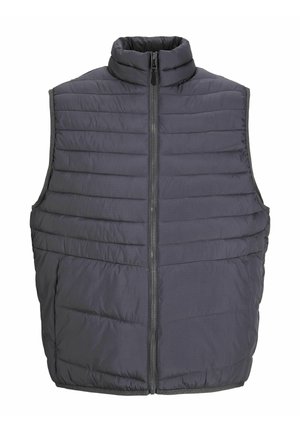 Vaatteet, joissa on pehmeä hihaton liivi tummanharmaana, korkealla kauluksella ja täyspitkällä vetoketjulla, vaakasuoralla tikatulla kuviolla ja sivutaskuilla.