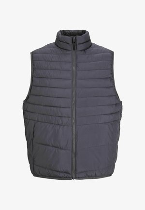 Pletená bezrukávová vesta v tmavošedej farbe s vysokým golierom a plným zipsom, s horizontálnym prešívaným vzorom a bočnými vreckami.