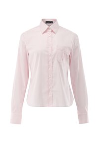 Langärmliges Hemd in Hellrosa mit weißen vertikalen Streifen, mit Brusttasche und klassischem Kragen. Glatte Stoffstruktur.