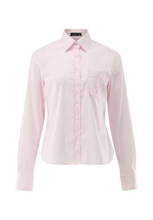 Langärmliges Hemd in Hellrosa mit weißen vertikalen Streifen, mit Brusttasche und klassischem Kragen. Glatte Stoffstruktur.
