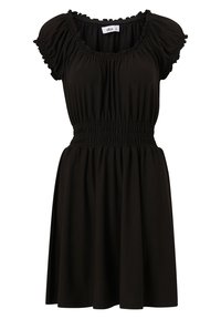 Schwarzes kurzes Kleid aus weichem Stoff, mit einem gesmokten Taillenbund, Puffärmeln und einem runden Ausschnitt mit Rüschendetails.