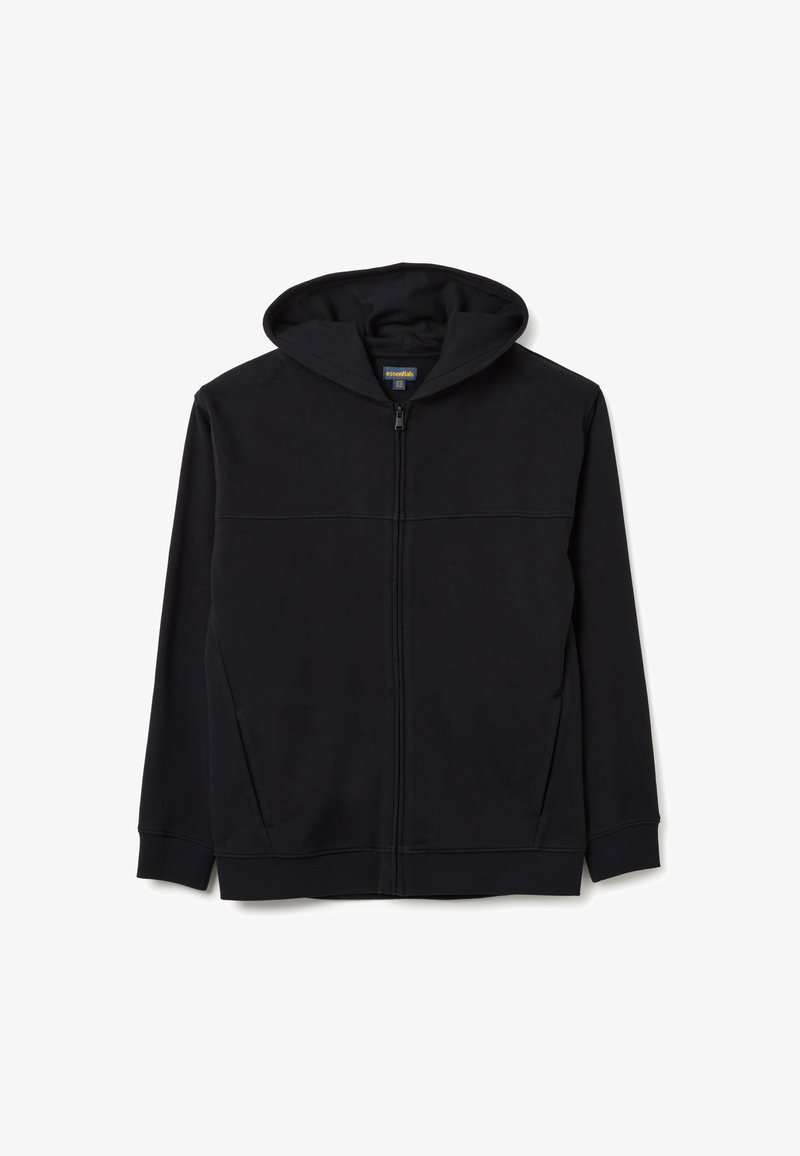 Sudadera con cremallera negra, confeccionada en un material suave, que cuenta con capucha con cordón, bolsillos frontales y puños y dobladillo acanalados. Textura suave.