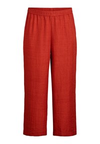 Red, lightweight, wide-leg pants with an elastic waistband and a textured, crinkled finish. Mid-calf length with a loose fit.
